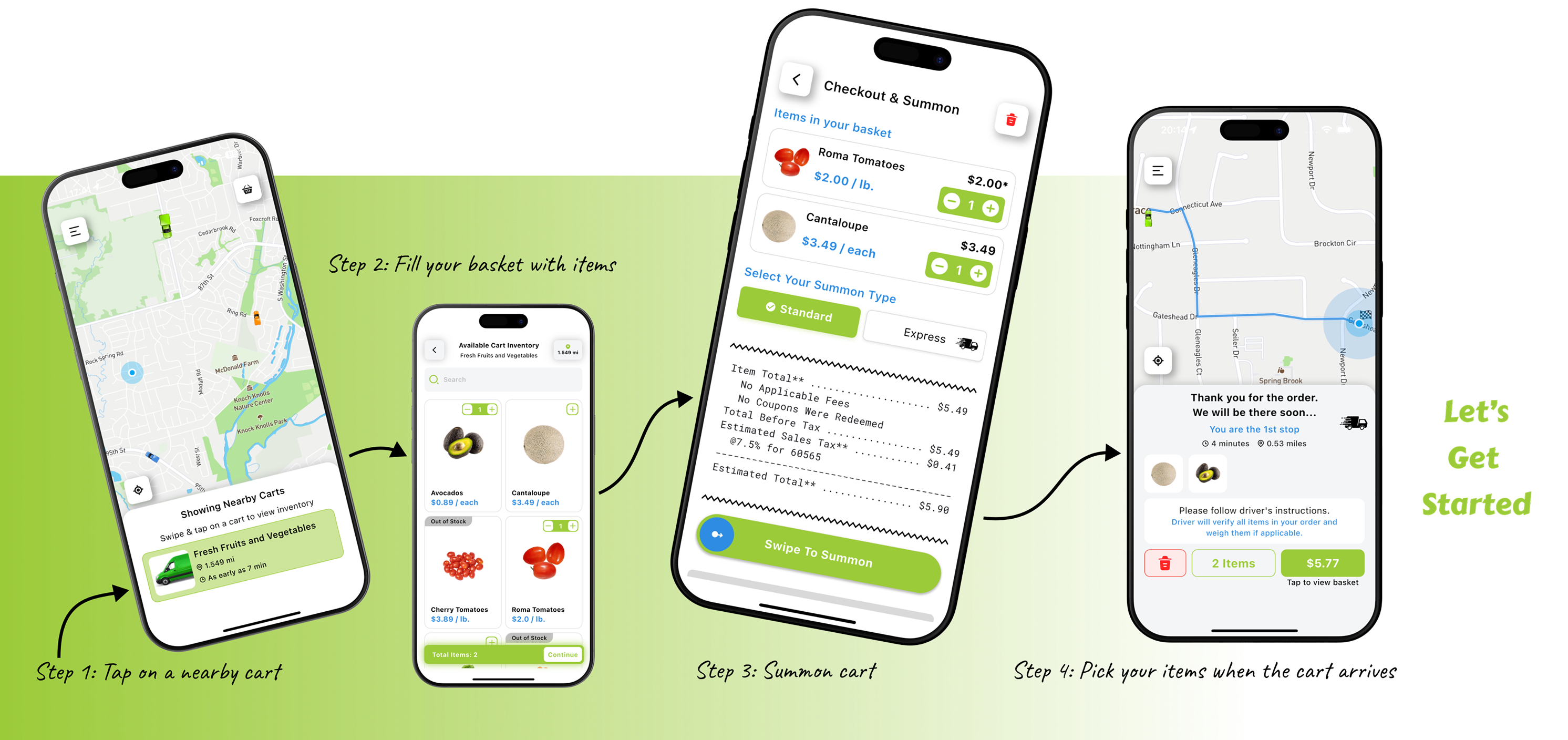 Freshcart app workflow — browse nearby carts and order to your curb